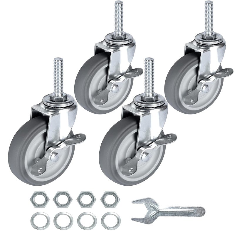 Finnhomy Caster Wheels 3 Inch Set of 4 Heavy Duty Threaded Stem Casters 3/8"-16x1-1/2 Swivel Rubber Industrial Castors Locking Wheels for Wire Shelving/Furniture/Carts Load Bearing 720 Lbs Gray - Image 1